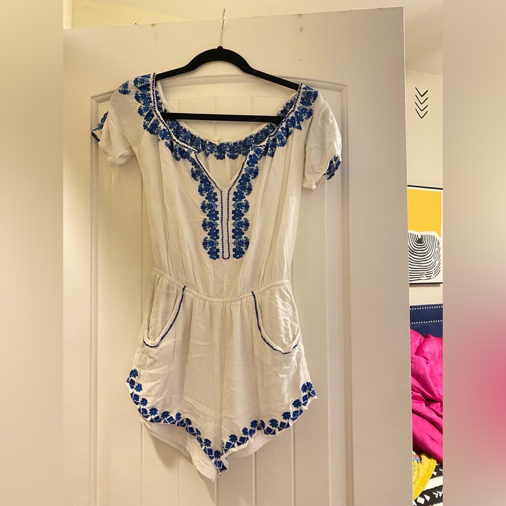 Blue and White Embroidered Romper